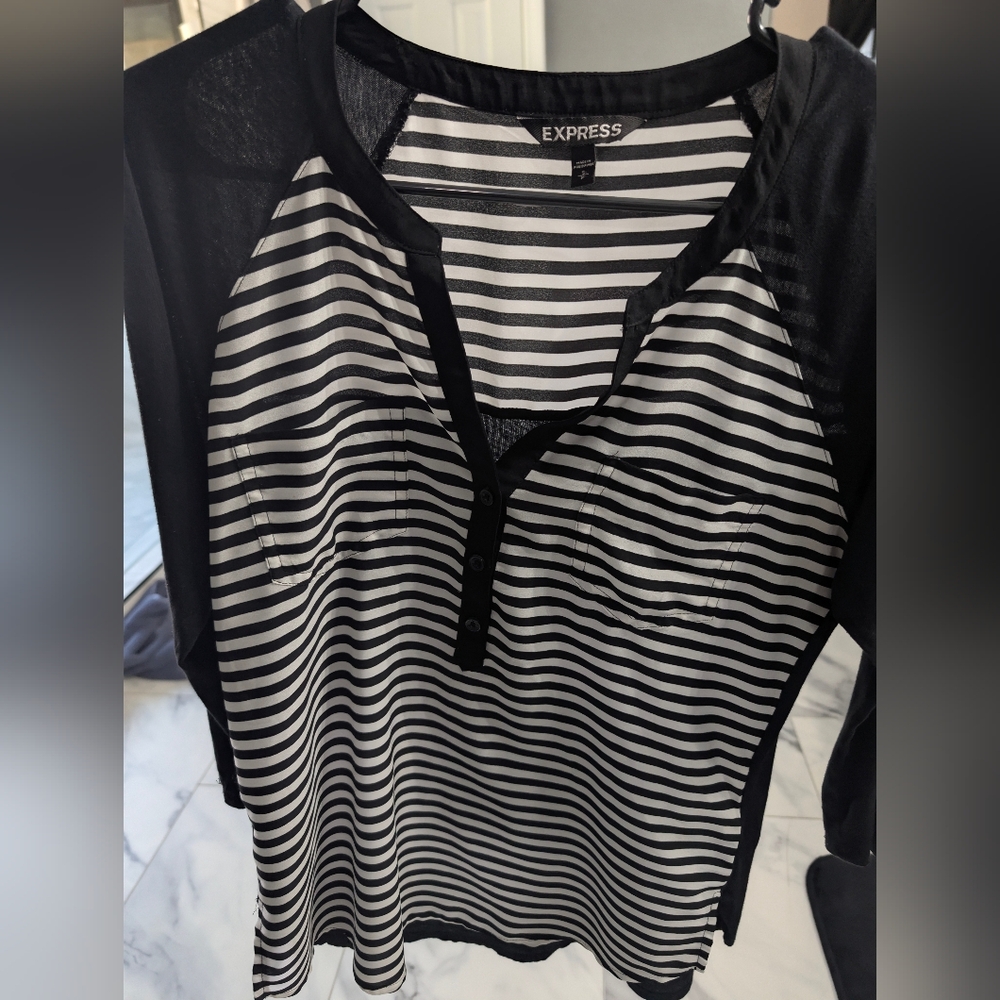 Express Women's Black and White Striped Button Down Small Shirt